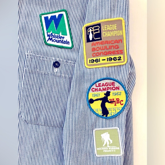 Distressed VTG embroidered patchs railroad ticking shirt XL Natural inst… - Picture 3 of 16